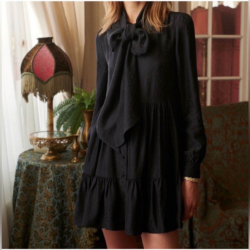Sezane x Manoush Silk Witchy Babydoll Dress Size 38 Black Tie Neck Polka Dot